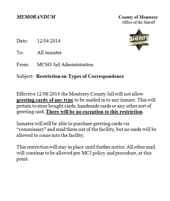 Inmate Correspondence Monterey County Sheriff's Office